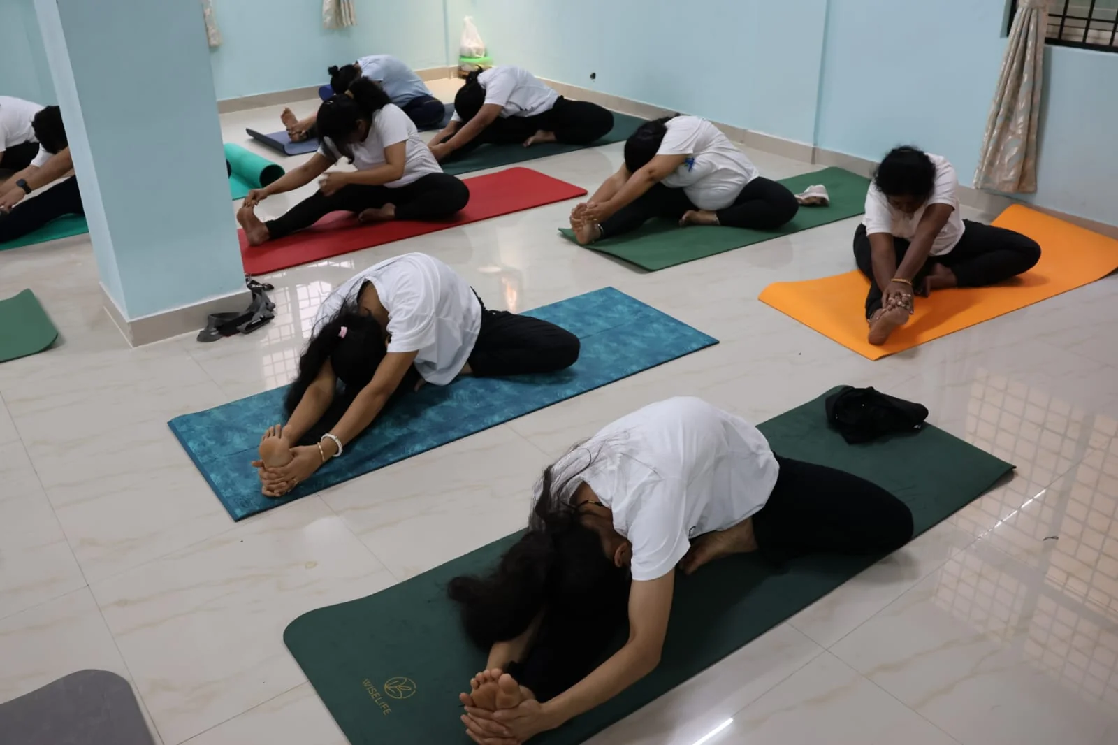 Students in quiet seated forward-folds in a calm corner of the studio