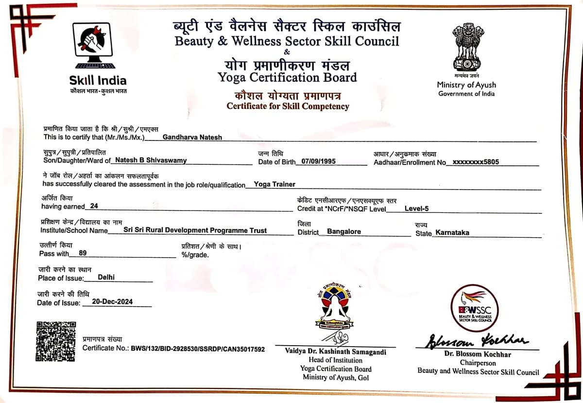 Certified Yoga Trainer — Ministry of AYUSH, Skill India