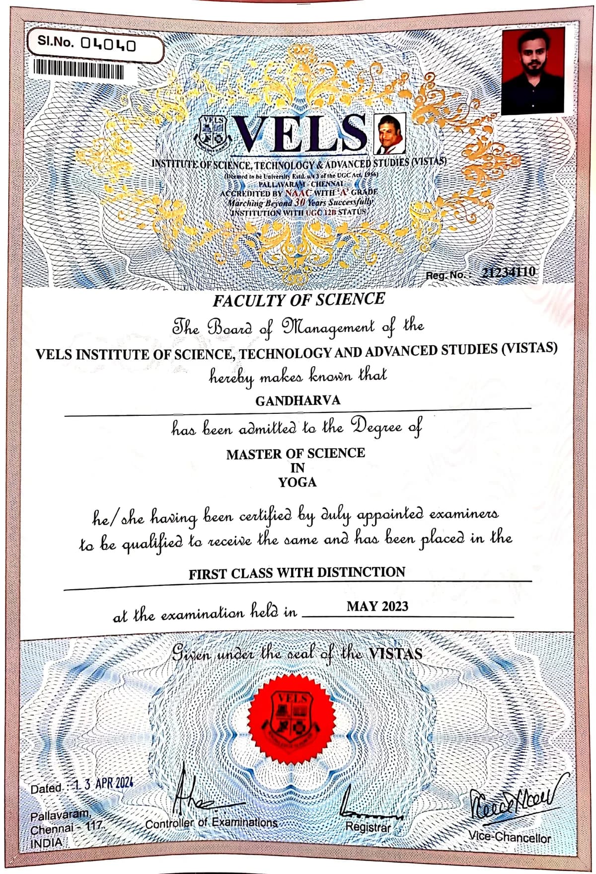 M.Sc. Yoga — First Class with Distinction — VELS Institute
