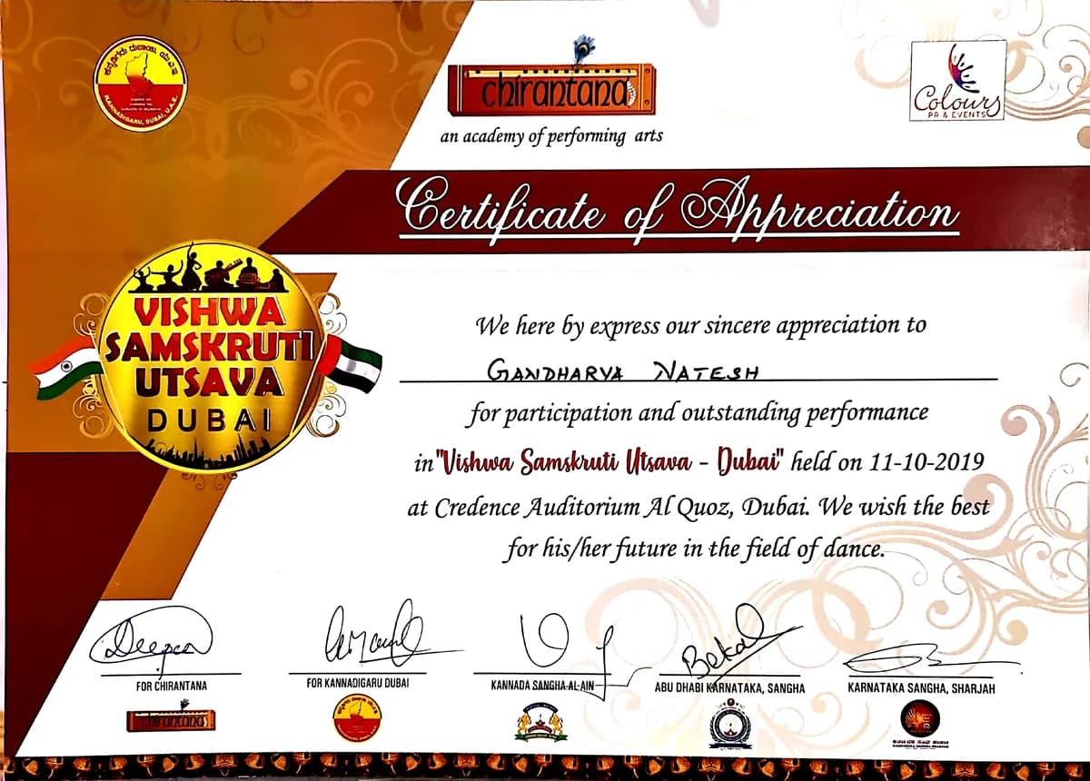 Certificate of Appreciation — Vishwa Samskruti Utsava, Dubai