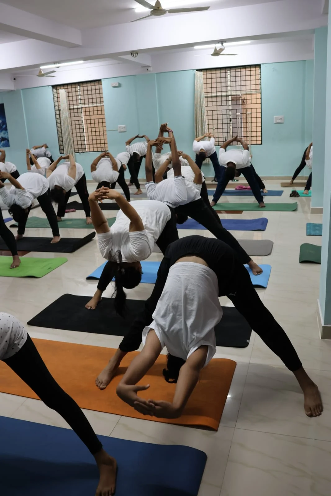 Students in a side-angle stretch, layered across the room